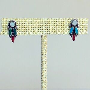 Vintage Zuni Turquoise Coral MOP Inlay Sterling Silver 925 Post Native Earrings